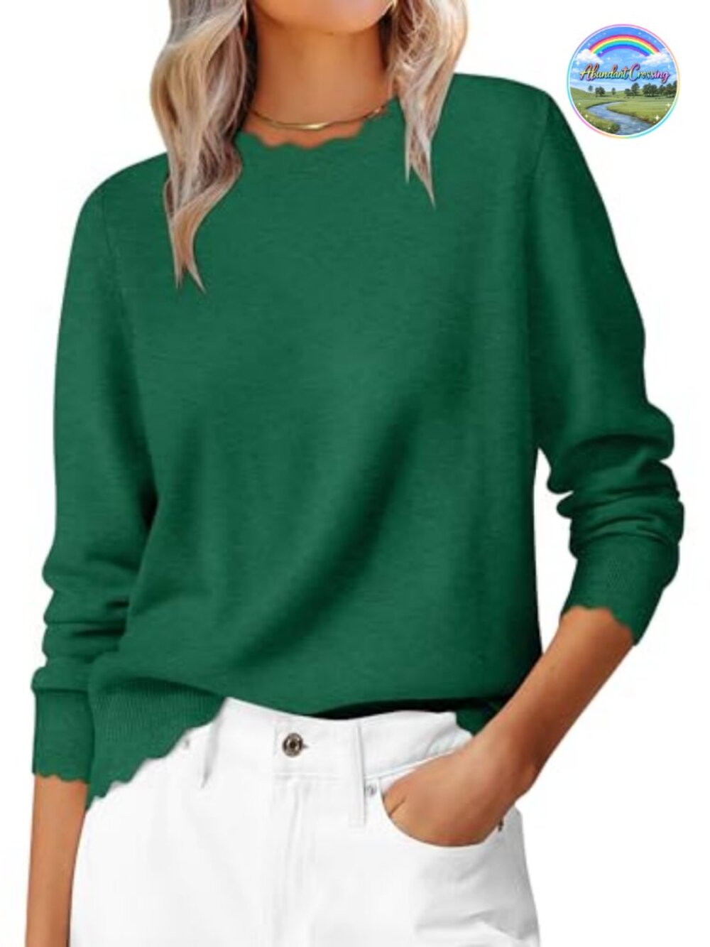 Womens Lightweight Knit Pullover Sweater Scallop Edge Crew Neck Long Sleeve